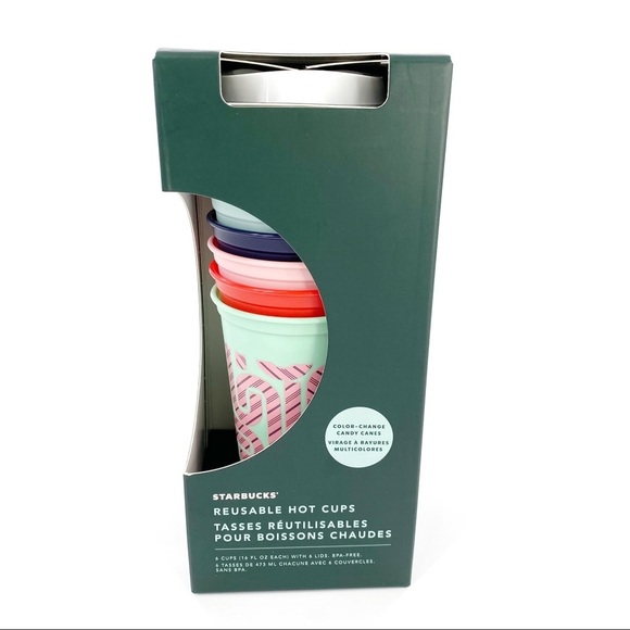Starbucks 6 Reusable Hot Cups 16oz Color Change Christmas Candy Canes NIB 2020 - Picture 2 of 7